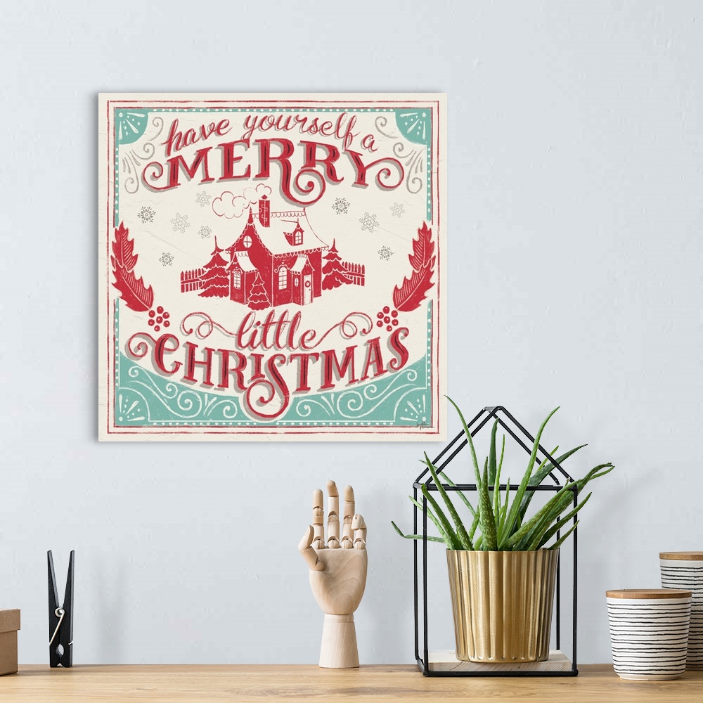 A bohemian room featuring A modern decorative design in teal and red of a reindeer with the text "It's The Most Wonderful T...