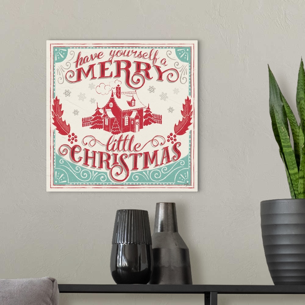 A modern room featuring A modern decorative design in teal and red of a reindeer with the text "It's The Most Wonderful T...
