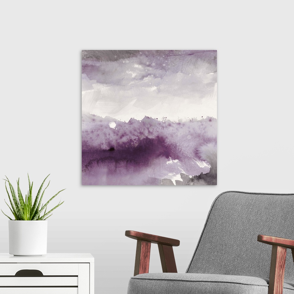A modern room featuring Midnight at the Lake II Amethyst and Grey