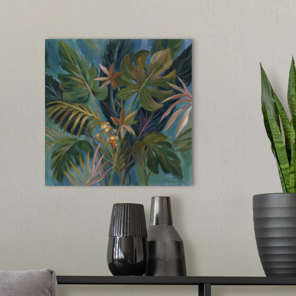 A modern room featuring Midnight Tropical Leaves
