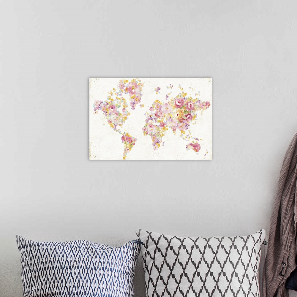 A bohemian room featuring Map of the world with the continents made up of pastel pink and yellow flowers.