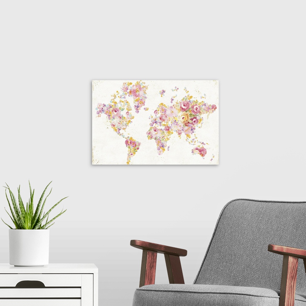A modern room featuring Map of the world with the continents made up of pastel pink and yellow flowers.