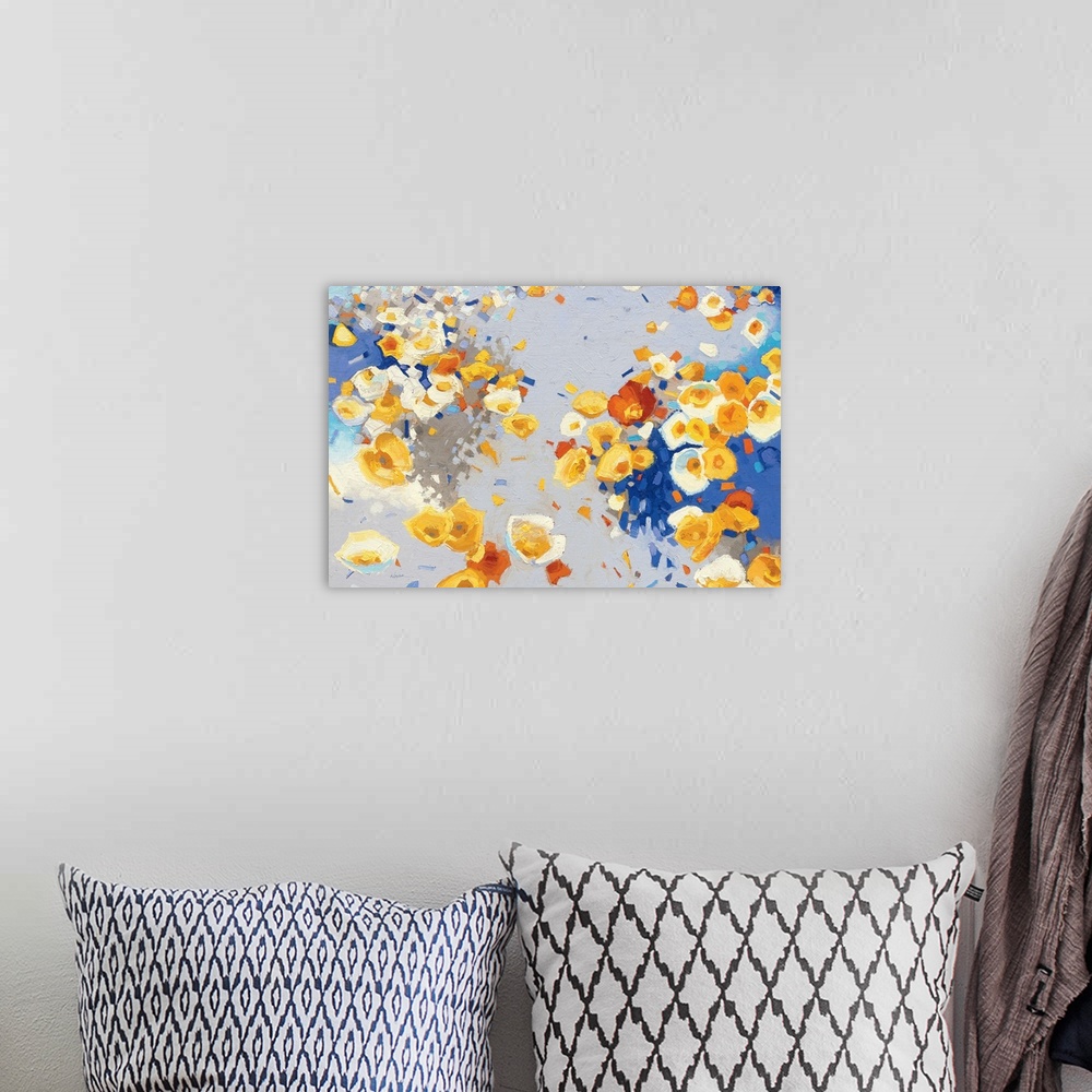A bohemian room featuring Painting of swirling groups of yellow, white, and red flowers.