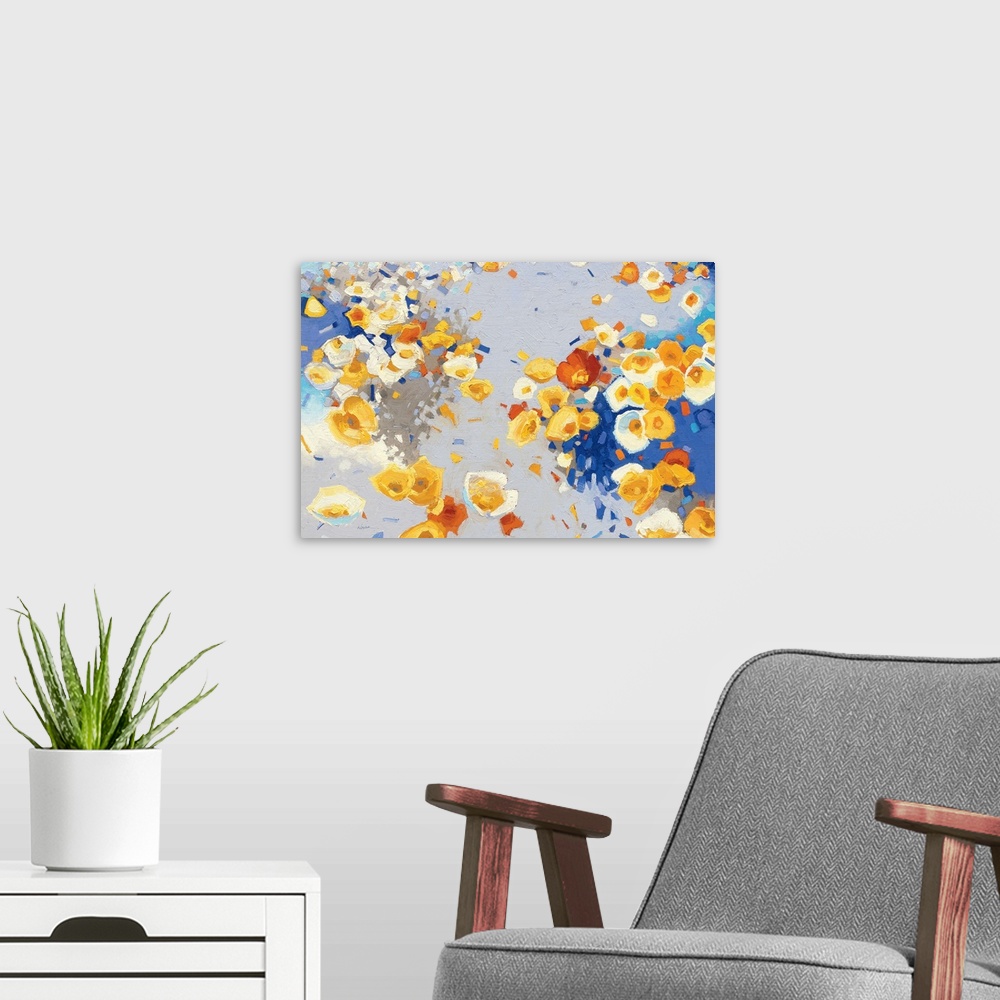 A modern room featuring Painting of swirling groups of yellow, white, and red flowers.