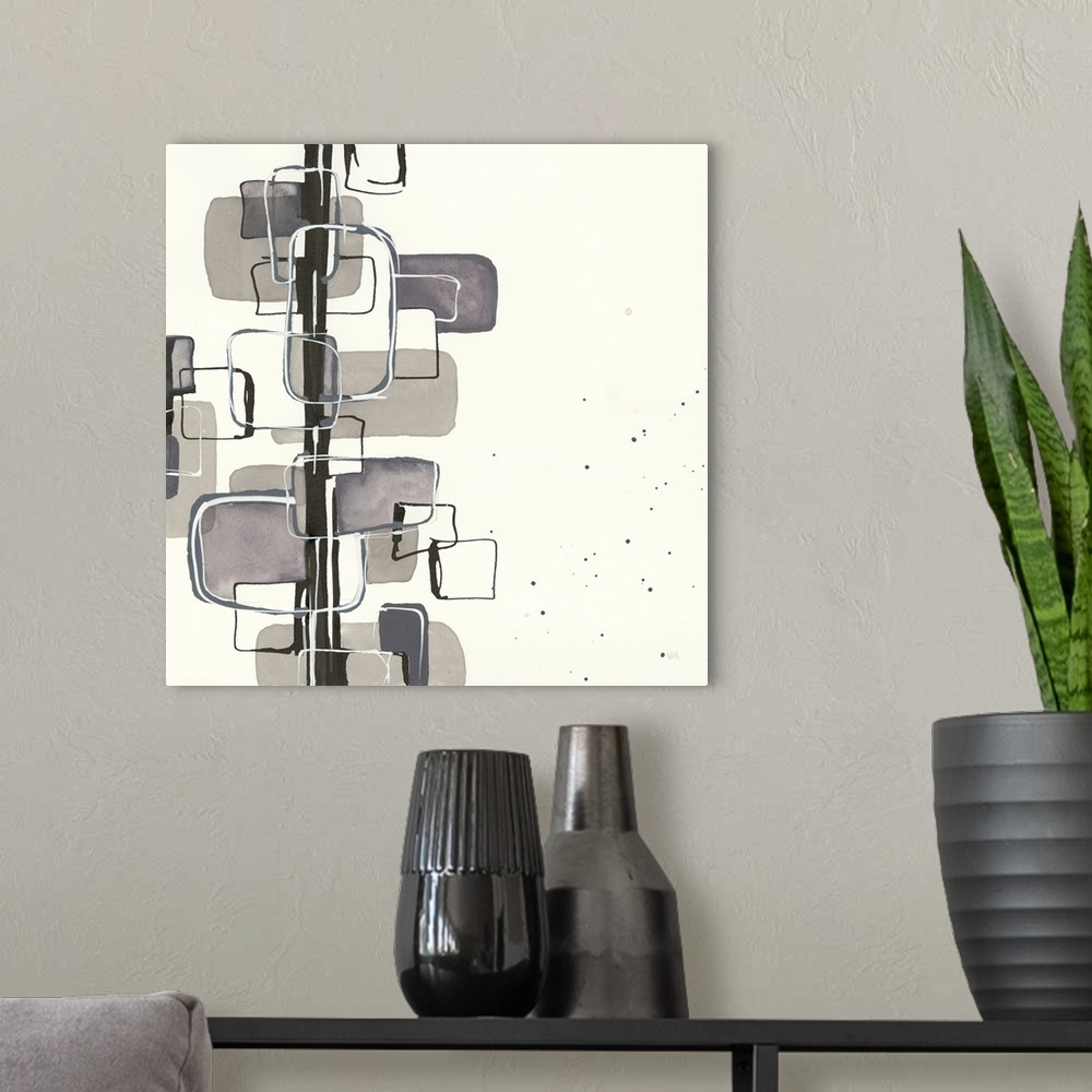 A modern room featuring An asymmetrical abstract painting of various square sizes overlapping a black vertical line.