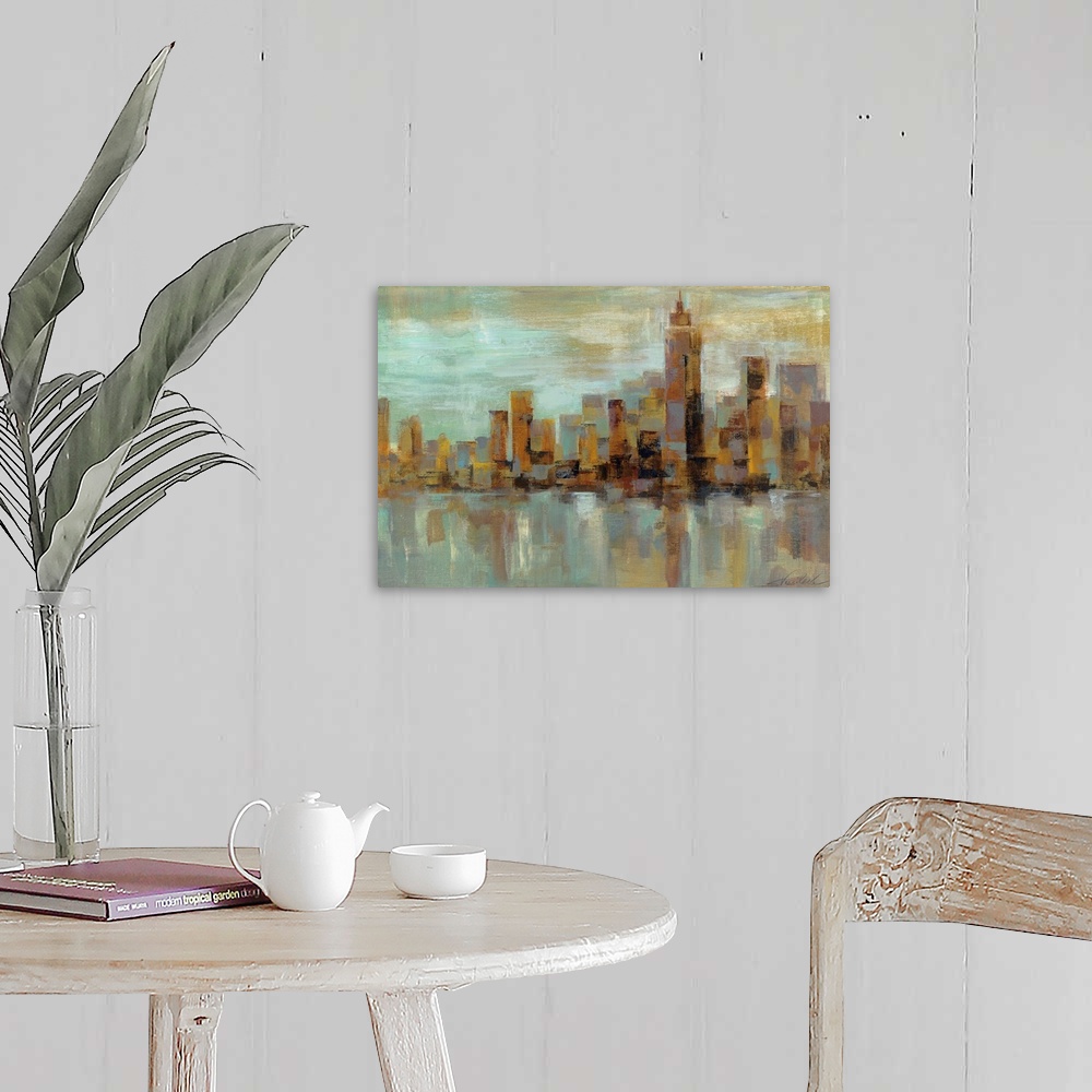 A farmhouse room featuring Abstract painting of a misty cityscape with buildings made out of broad strokes.