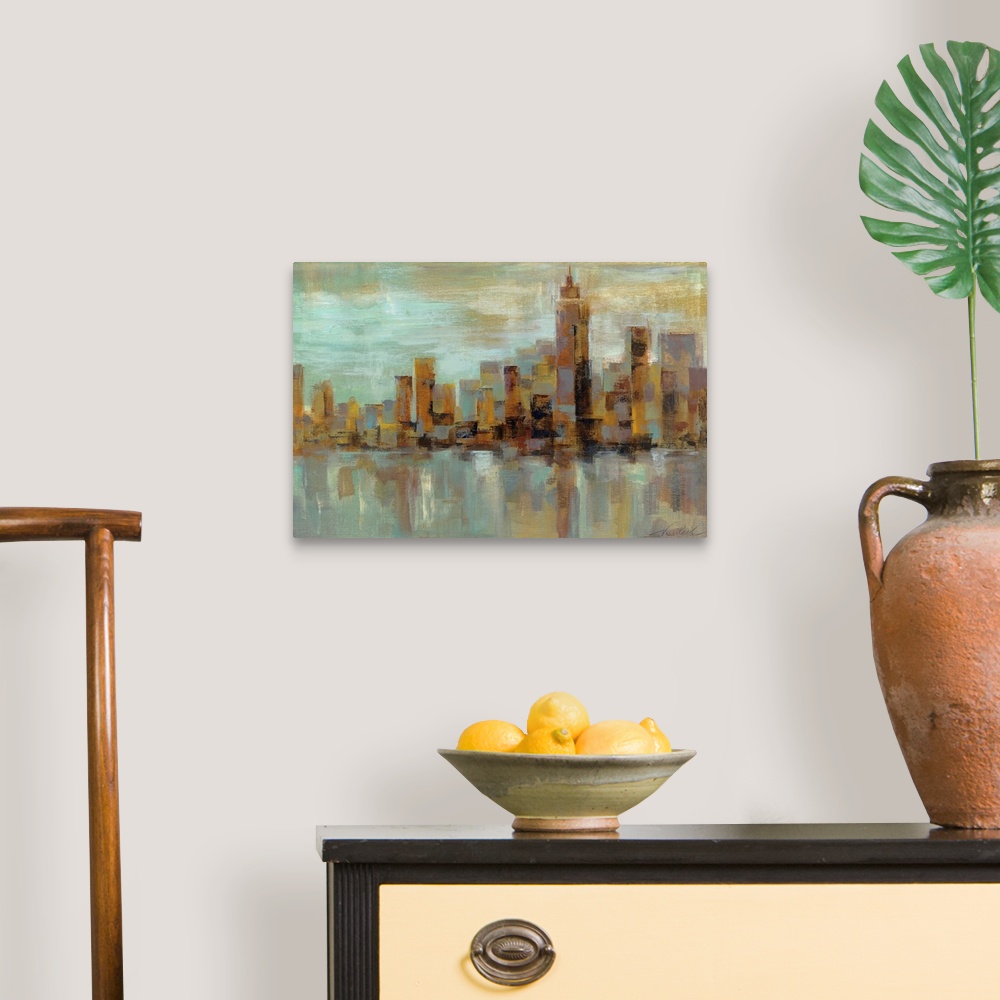 A traditional room featuring Abstract painting of a misty cityscape with buildings made out of broad strokes.