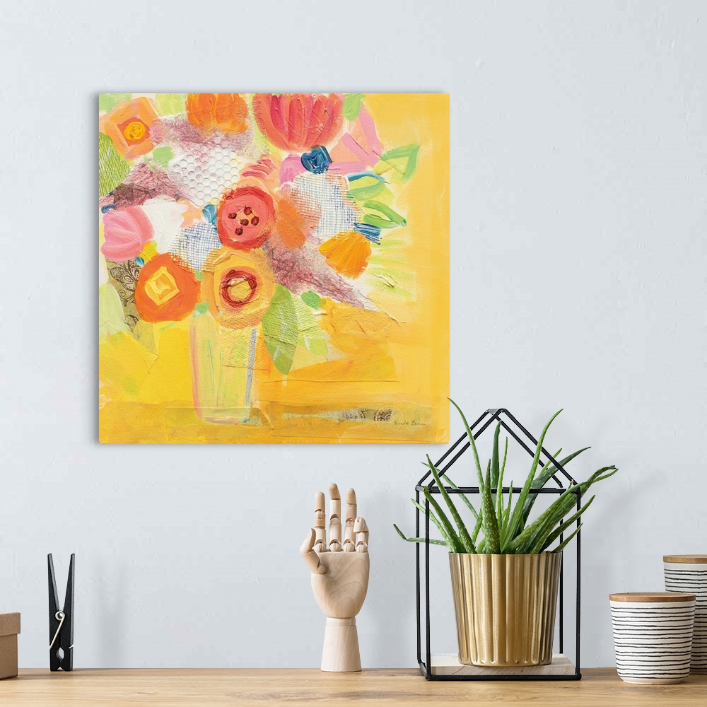 A bohemian room featuring Square abstract painting of a vase of  flowers in eye-catching bright colors.