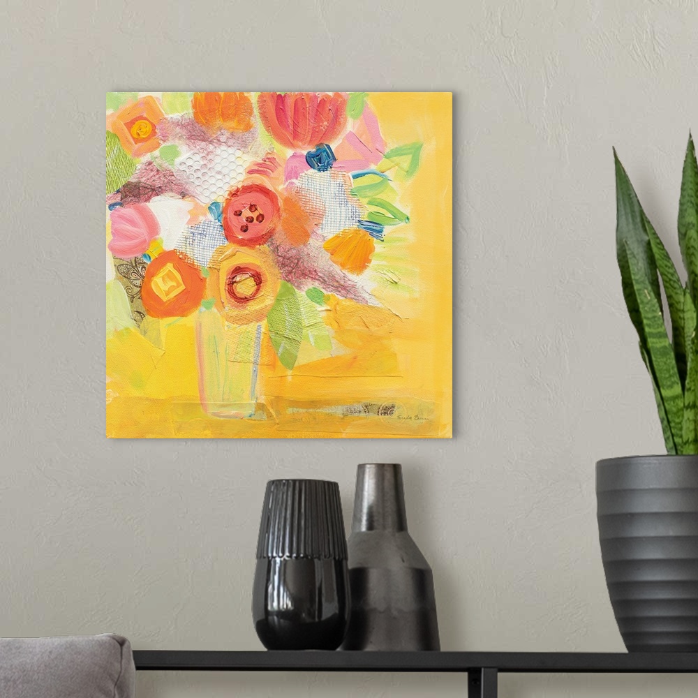 A modern room featuring Square abstract painting of a vase of  flowers in eye-catching bright colors.