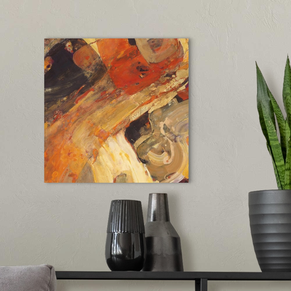 A modern room featuring Reddish earthy tones make up this contemporary abstract painting.