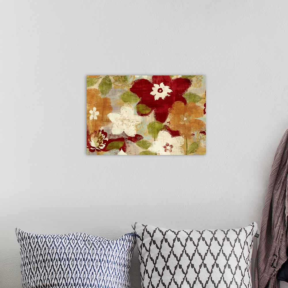 A bohemian room featuring Contemporary painting of floral collage.  There are horizontal brush strokes running through the ...