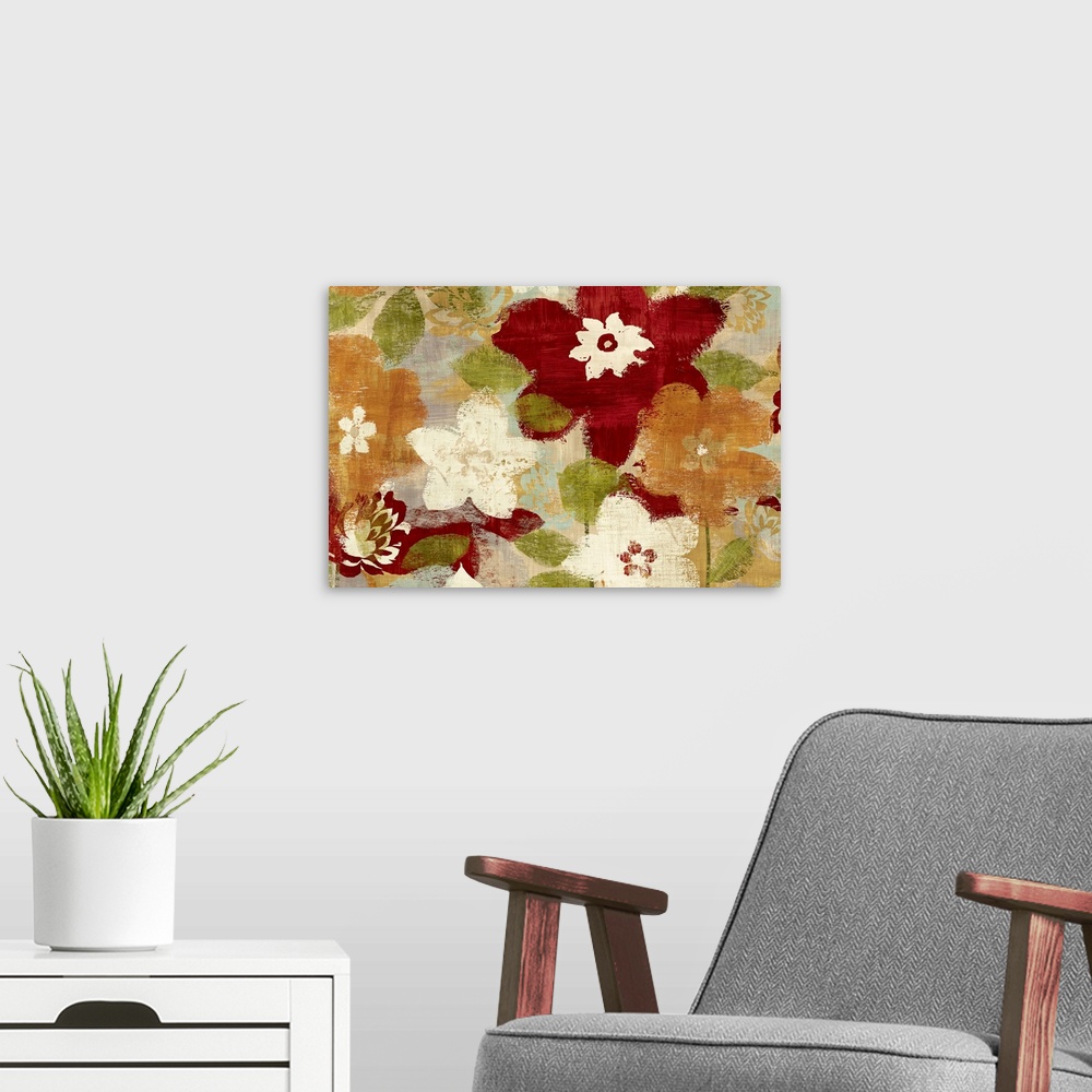 A modern room featuring Contemporary painting of floral collage.  There are horizontal brush strokes running through the ...