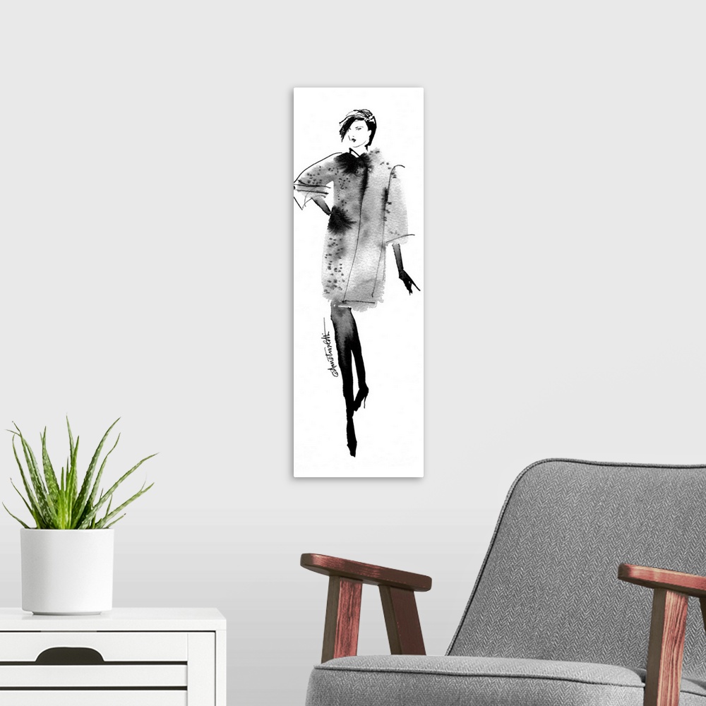 A modern room featuring Watercolor painting of a stylish woman in coat and boats.