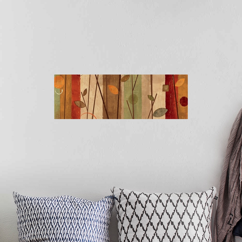 A bohemian room featuring Panoramic abstract painting of vertical bands of color with simple leaf shapes, circles, and line...