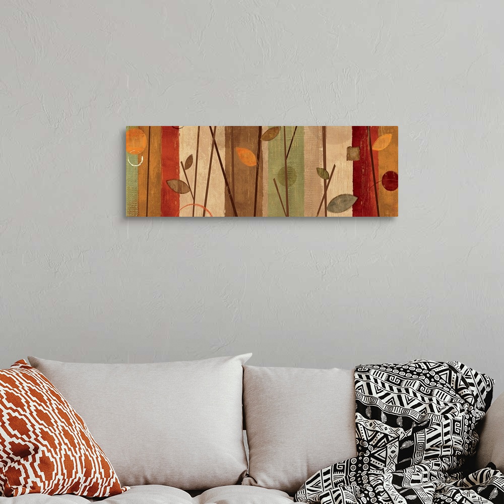 A bohemian room featuring Panoramic abstract painting of vertical bands of color with simple leaf shapes, circles, and line...