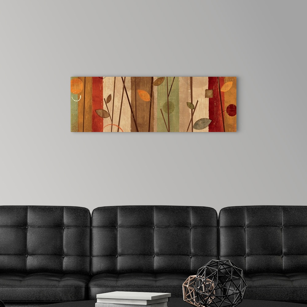 A modern room featuring Panoramic abstract painting of vertical bands of color with simple leaf shapes, circles, and line...