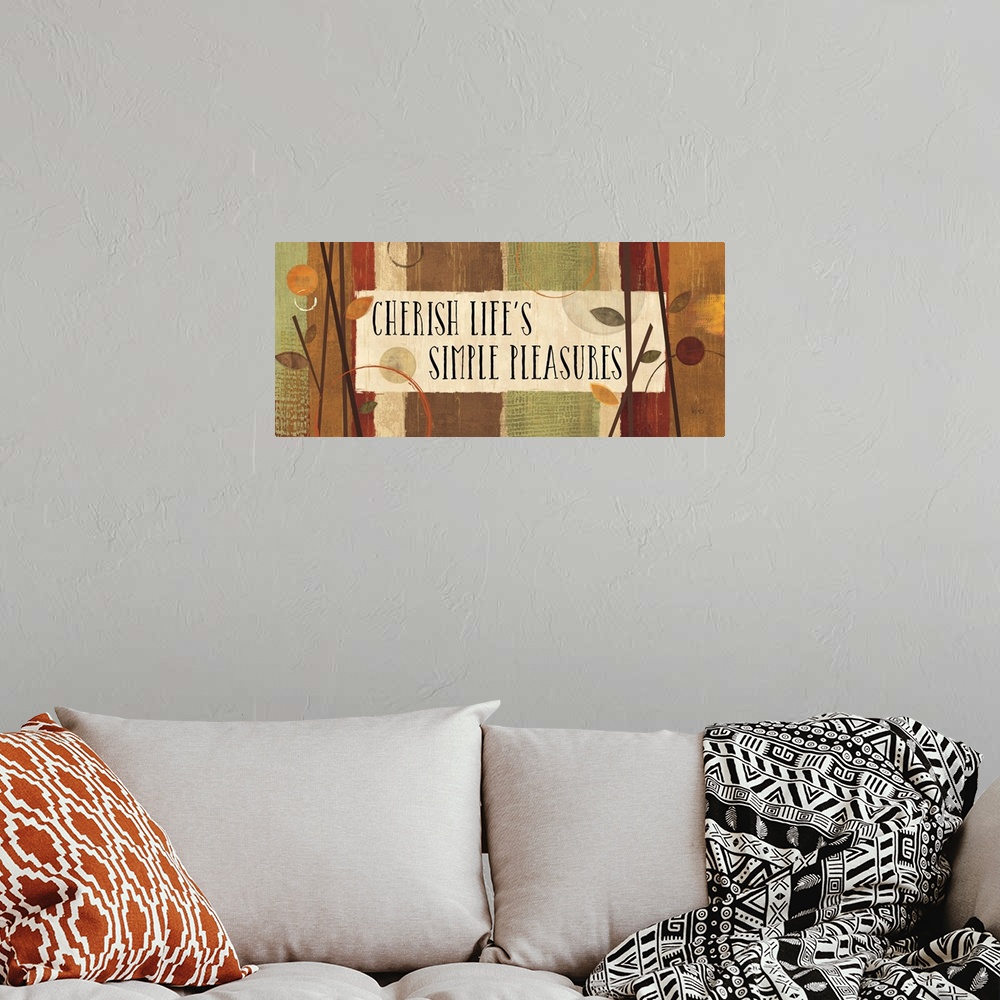 A bohemian room featuring Branches and leaves over autumn colors surrounding the phrase "Cherish Life's Simple Pleasures."