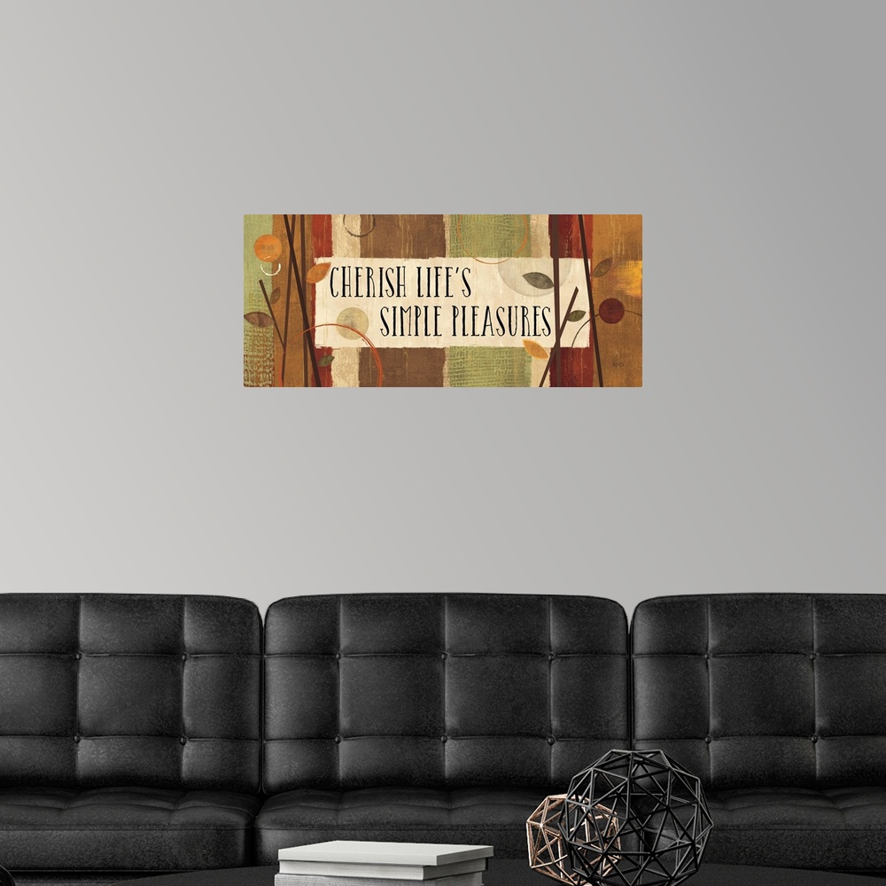 A modern room featuring Branches and leaves over autumn colors surrounding the phrase "Cherish Life's Simple Pleasures."