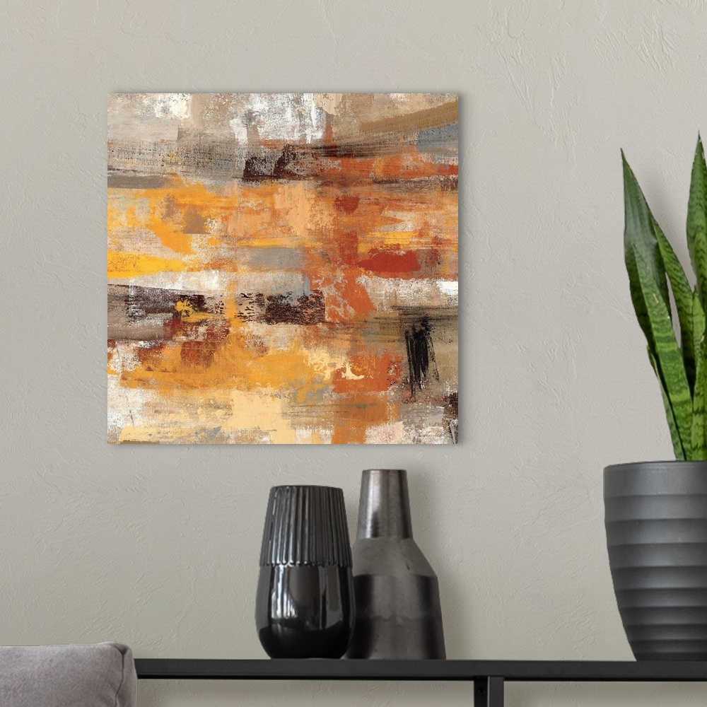 A modern room featuring An abstract piece of art with different earth toned brush strokes.