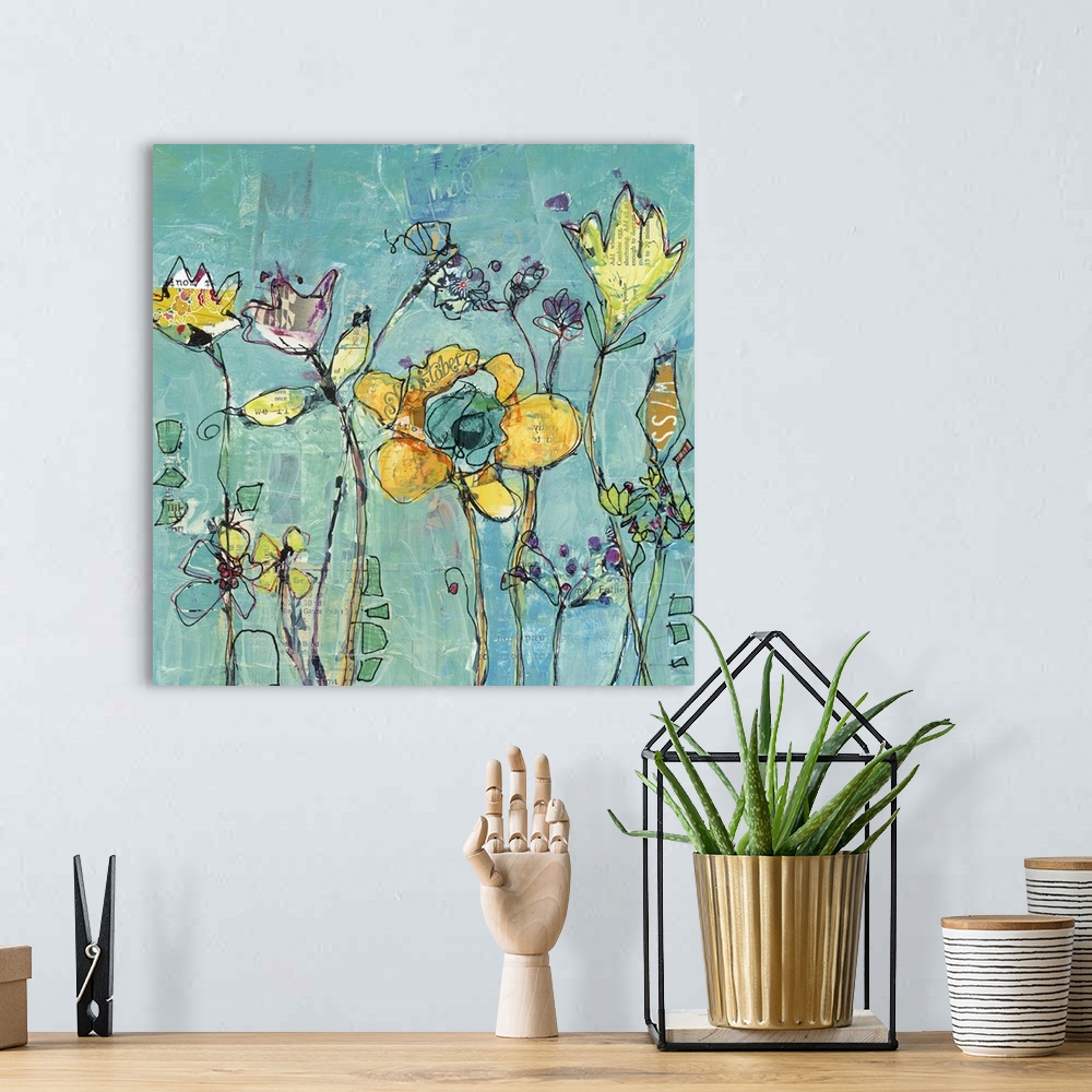 A bohemian room featuring Yellow abstract wildflowers on a teal background made with mixed media.