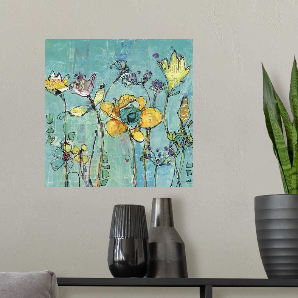 A modern room featuring Yellow abstract wildflowers on a teal background made with mixed media.