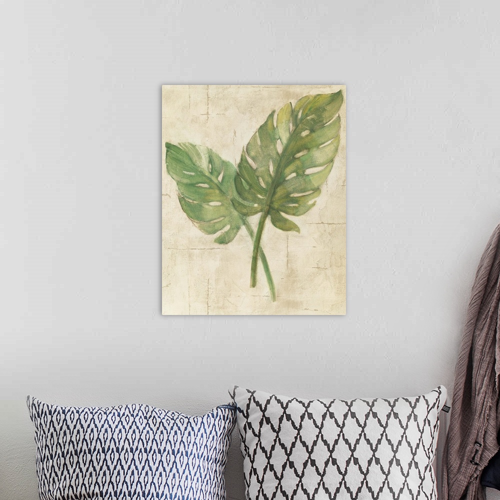 A bohemian room featuring Monstera Leaves Neutral Crop