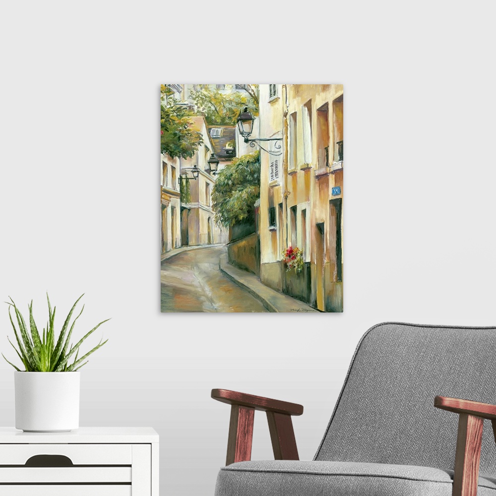 A modern room featuring Painting of city alleyway that is lined with tall buildings filled with windows and flower pots.