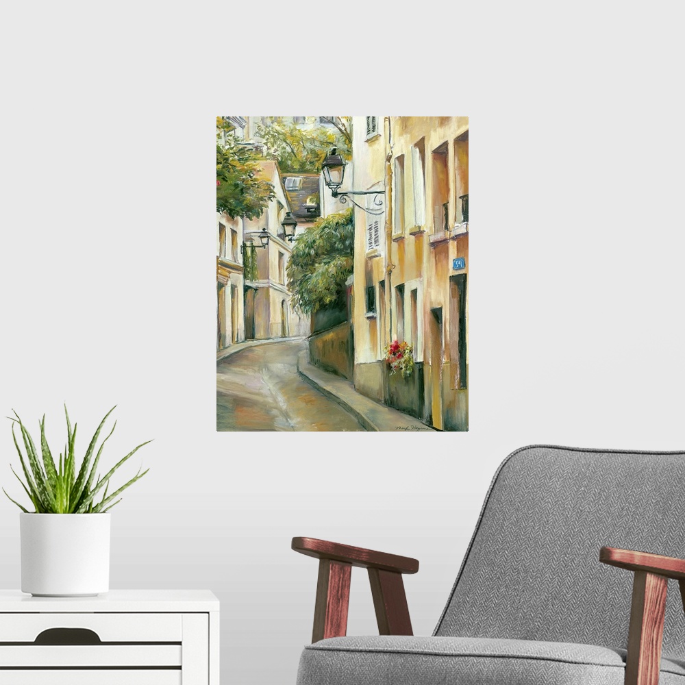 A modern room featuring Painting of city alleyway that is lined with tall buildings filled with windows and flower pots.