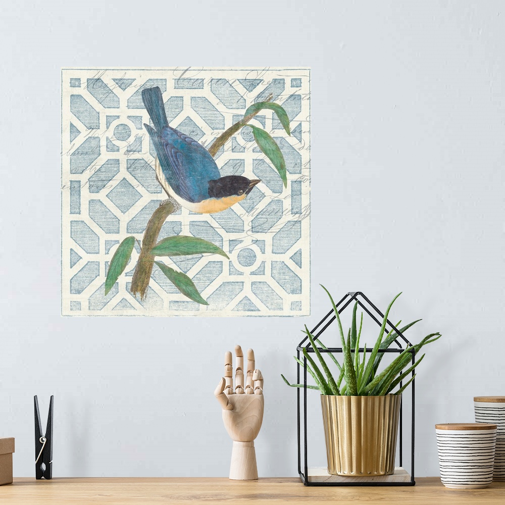 A bohemian room featuring Monument Etching Tile I Blue Bird