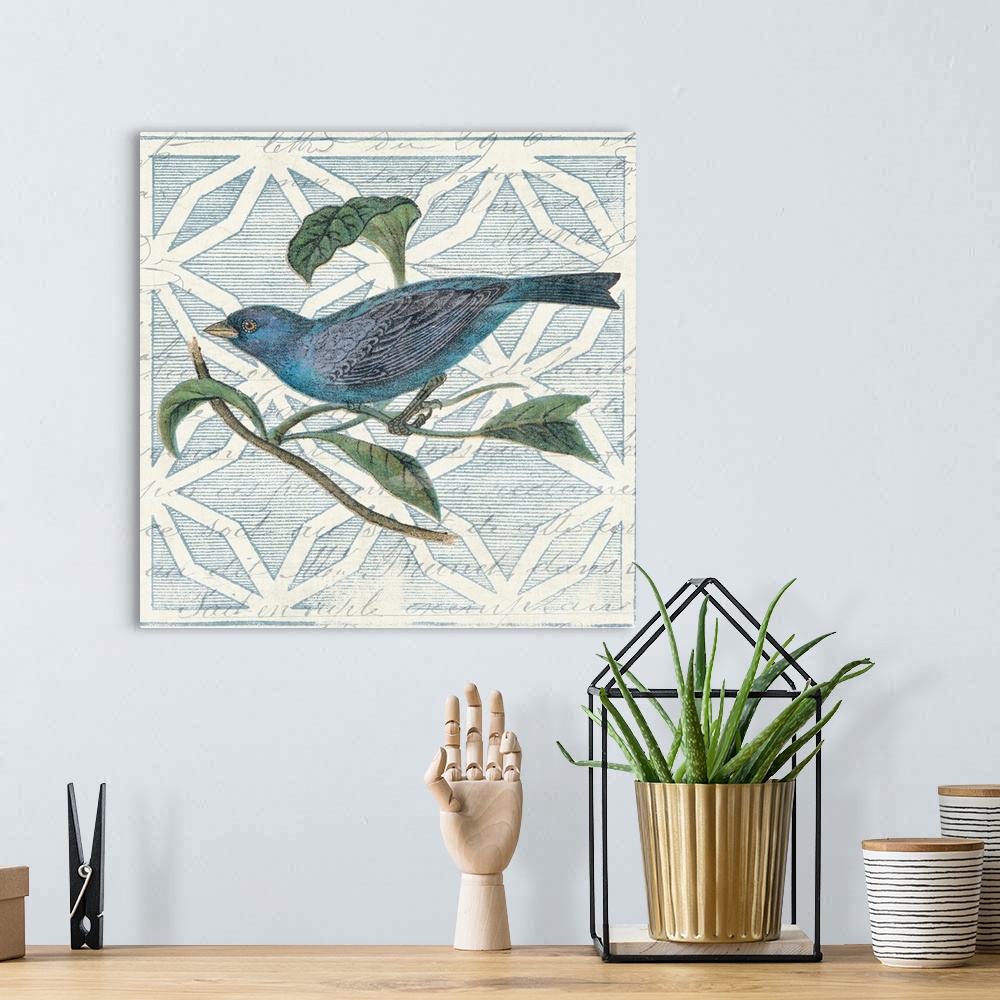 A bohemian room featuring Monument Etching Tile II Blue Bird