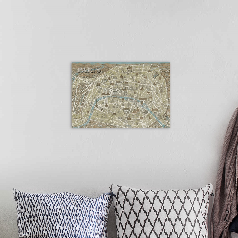 A bohemian room featuring Artwork that is an antique map of Paris with drawings of landmarks corresponding to their locatio...