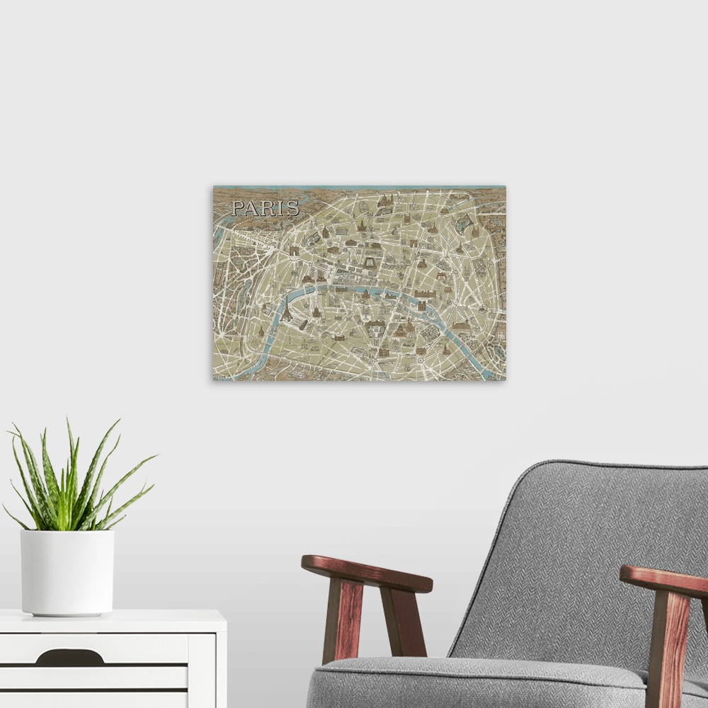 A modern room featuring Artwork that is an antique map of Paris with drawings of landmarks corresponding to their locatio...