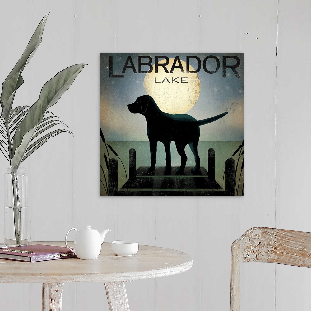 A farmhouse room featuring Big illustration shows a dark canine standing alone on the dock of a lake surrounded by a few cat...