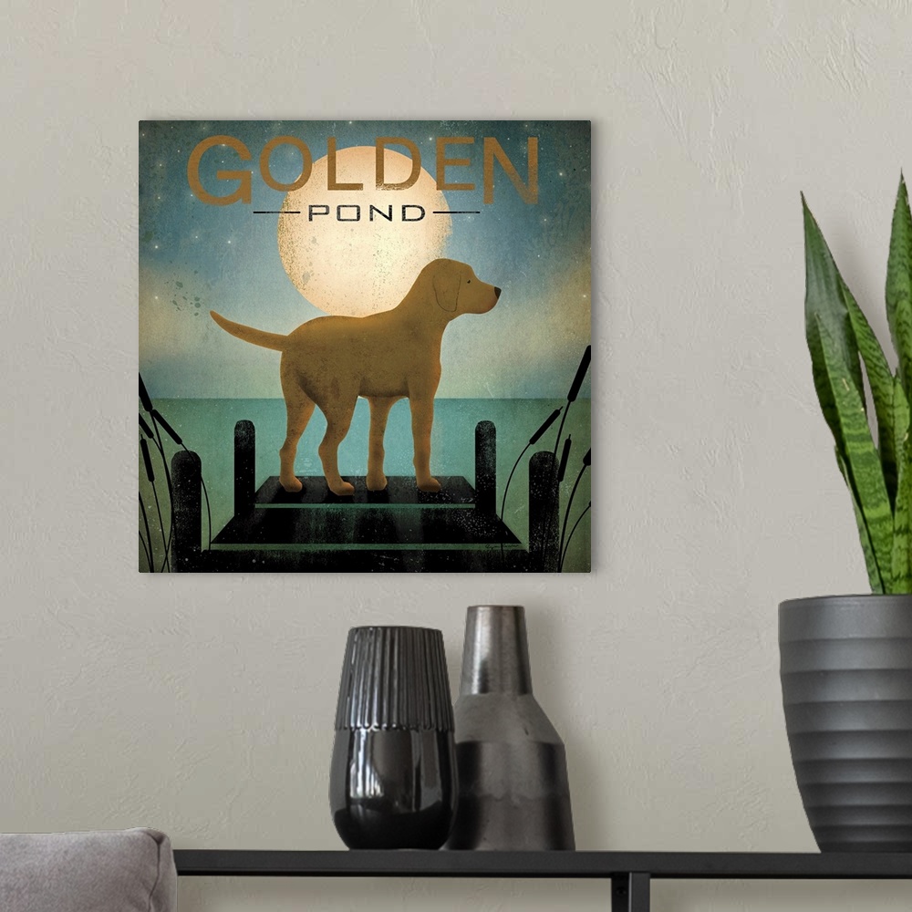 A modern room featuring A cartoon yellow Labrador standing on the end of a dock in the square decorative art work.
