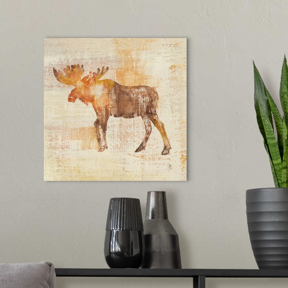 A modern room featuring Large square painting of a moose in textured brush strokes in orange, brown and gold.