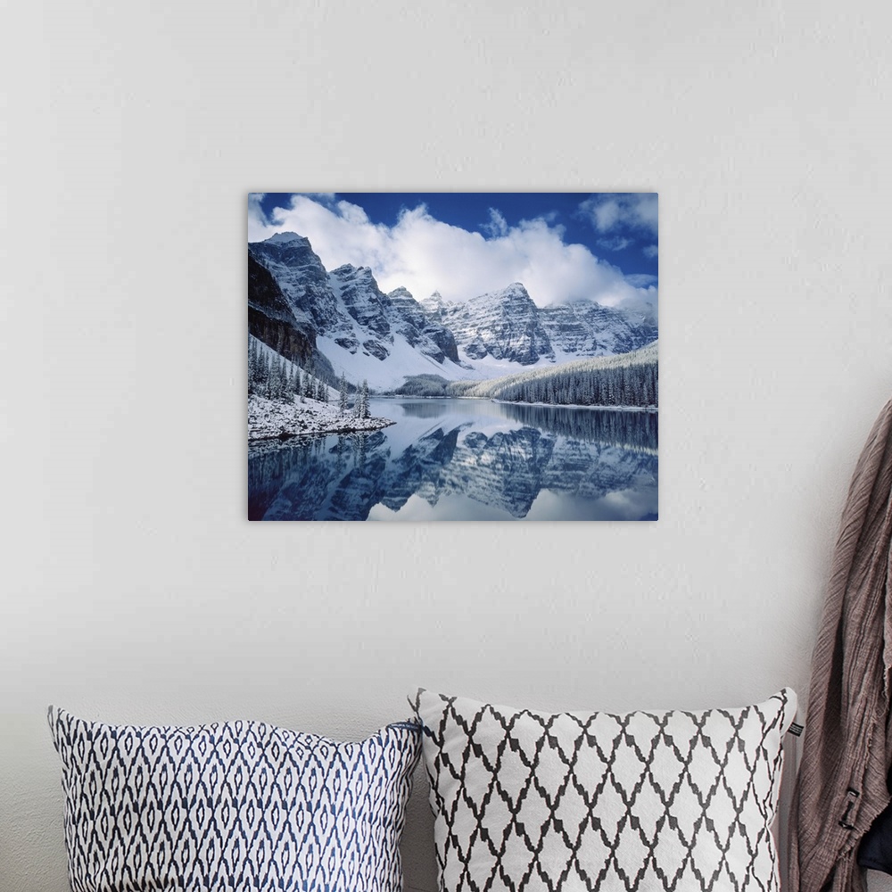 A bohemian room featuring Photograph of an Autumn snowfall on Moraine Lake, Banff National Park Alberta Canada