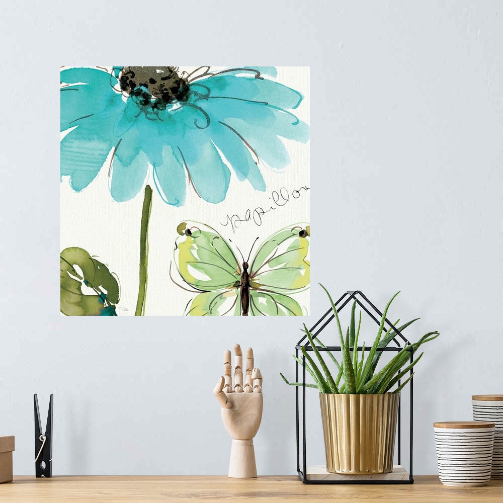 A bohemian room featuring This decorative accent is a pen and ink drawing of a daisy, leaf, butterfly, and the hand written...