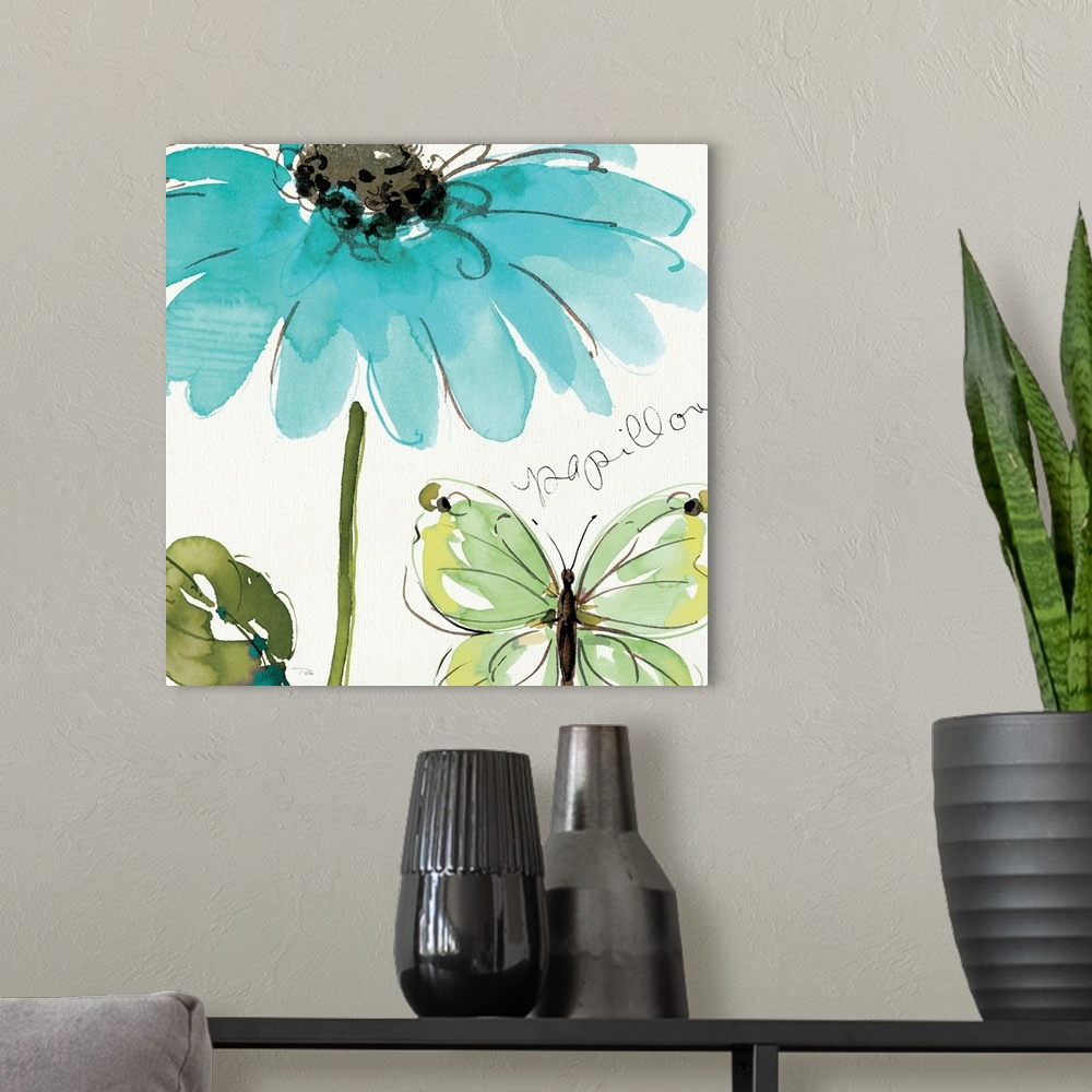A modern room featuring This decorative accent is a pen and ink drawing of a daisy, leaf, butterfly, and the hand written...