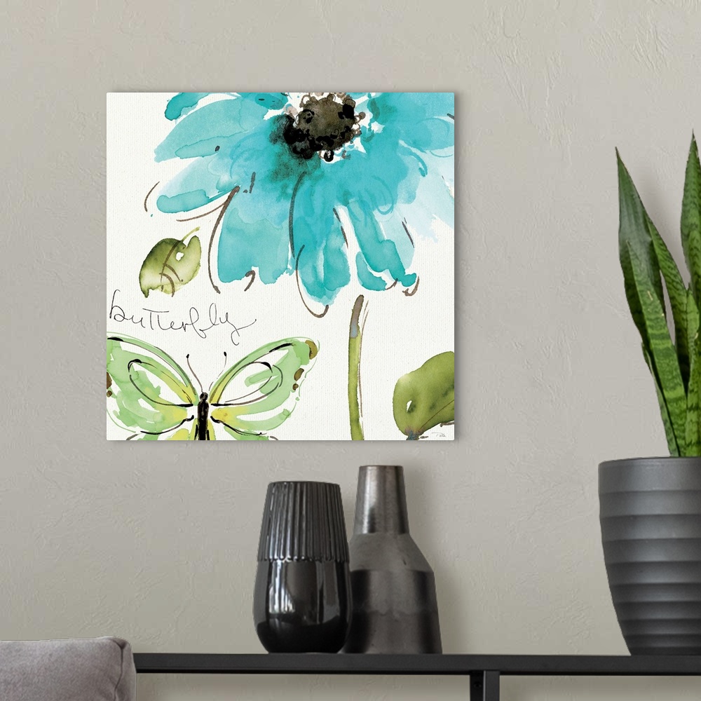 A modern room featuring Docor perfect for the home of a delicate painted blue flower and a butterfly painted in the botto...