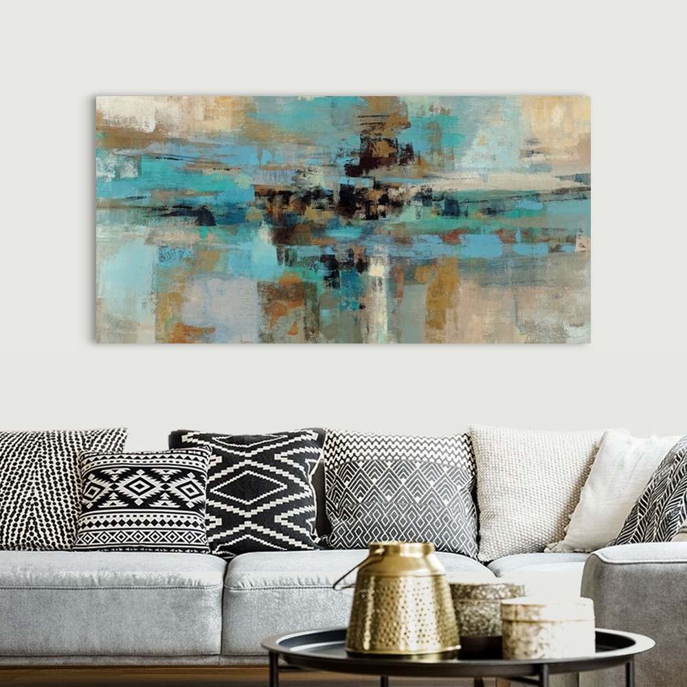 A bohemian room featuring Horizontal living room art of a restful composition of an abstract painting with a layered paint ...