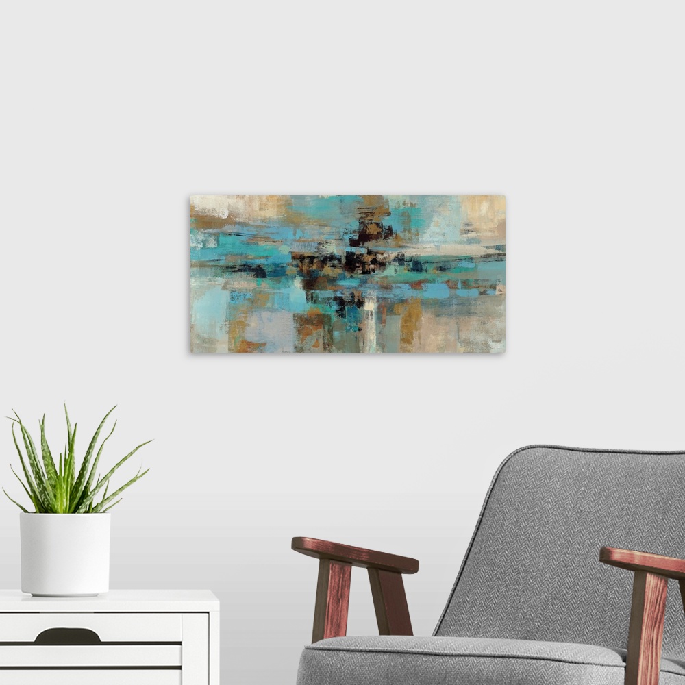 A modern room featuring Horizontal living room art of a restful composition of an abstract painting with a layered paint ...