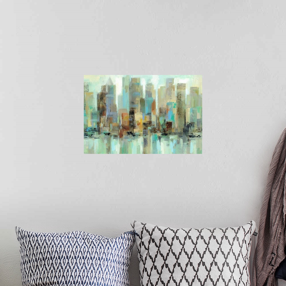 A bohemian room featuring Contemporary painting of a city skyline in green and blue tones.