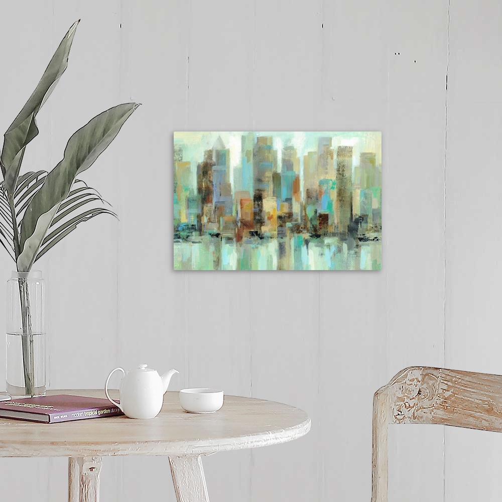 A farmhouse room featuring Contemporary painting of a city skyline in green and blue tones.