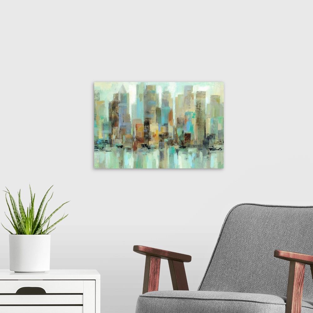 A modern room featuring Contemporary painting of a city skyline in green and blue tones.