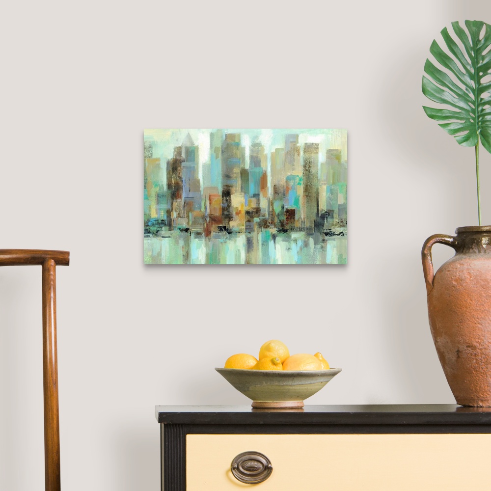 A traditional room featuring Contemporary painting of a city skyline in green and blue tones.