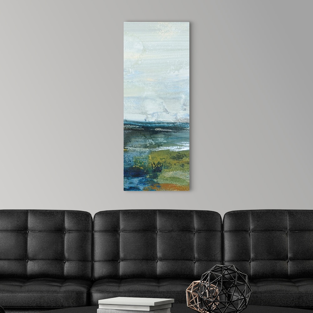 A modern room featuring Morning Seascape Panel I