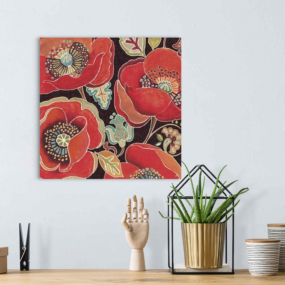 A bohemian room featuring Oversized contemporary painting for a living room or office of several large poppy flowers surrou...