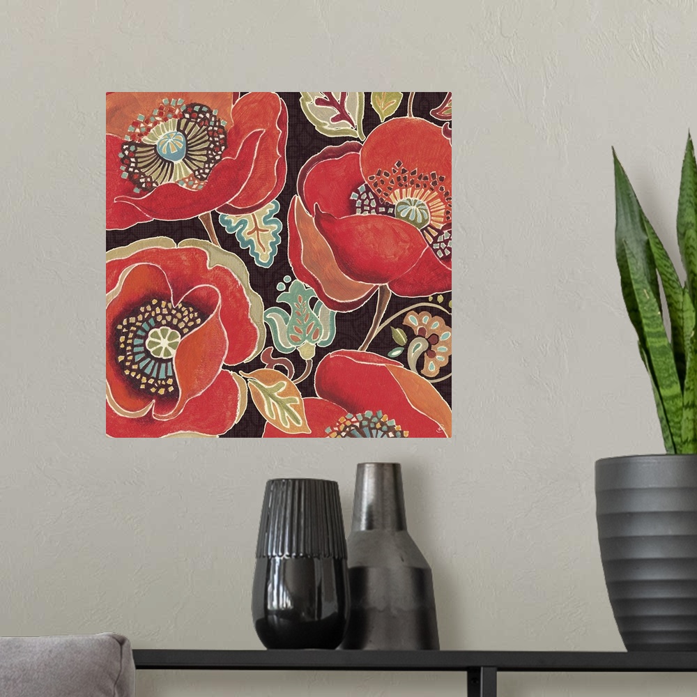 A modern room featuring Oversized contemporary painting for a living room or office of several large poppy flowers surrou...
