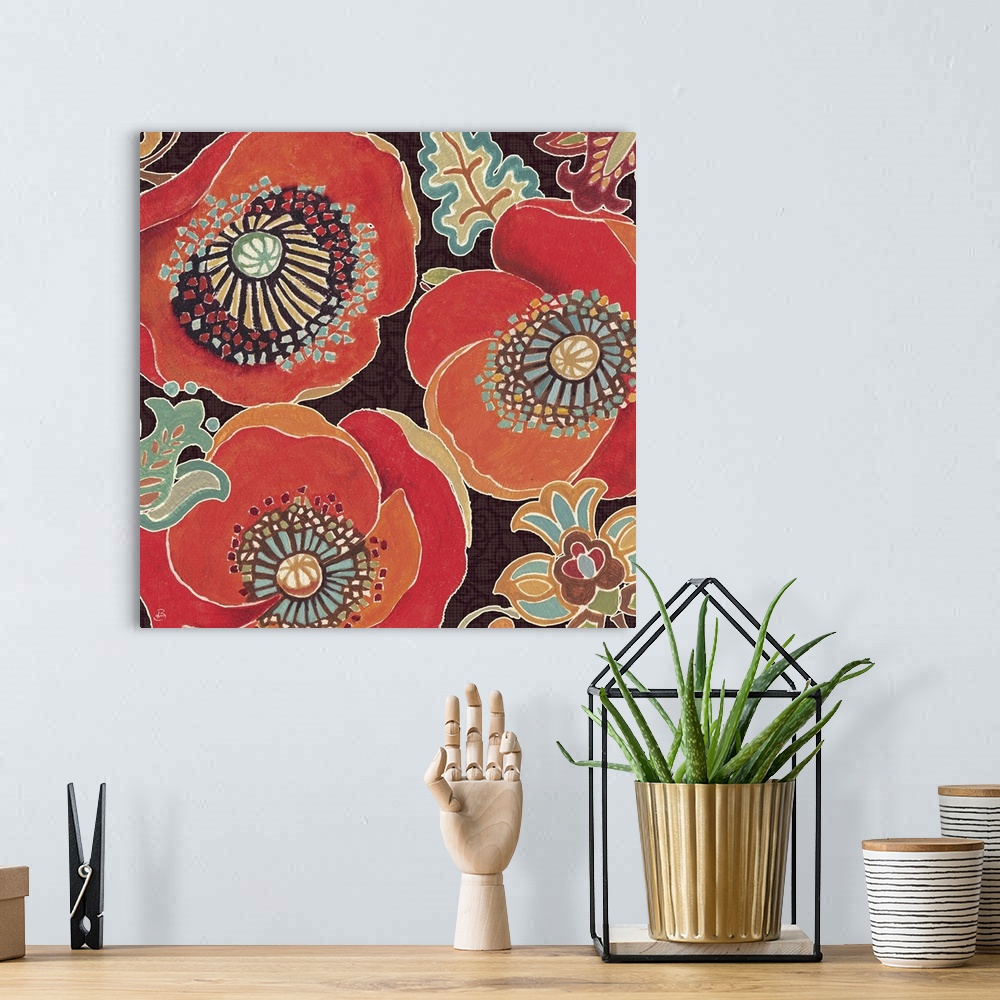 A bohemian room featuring Large, square contemporary art of several big Poppy flowers in warm tones, surrounded by smaller ...