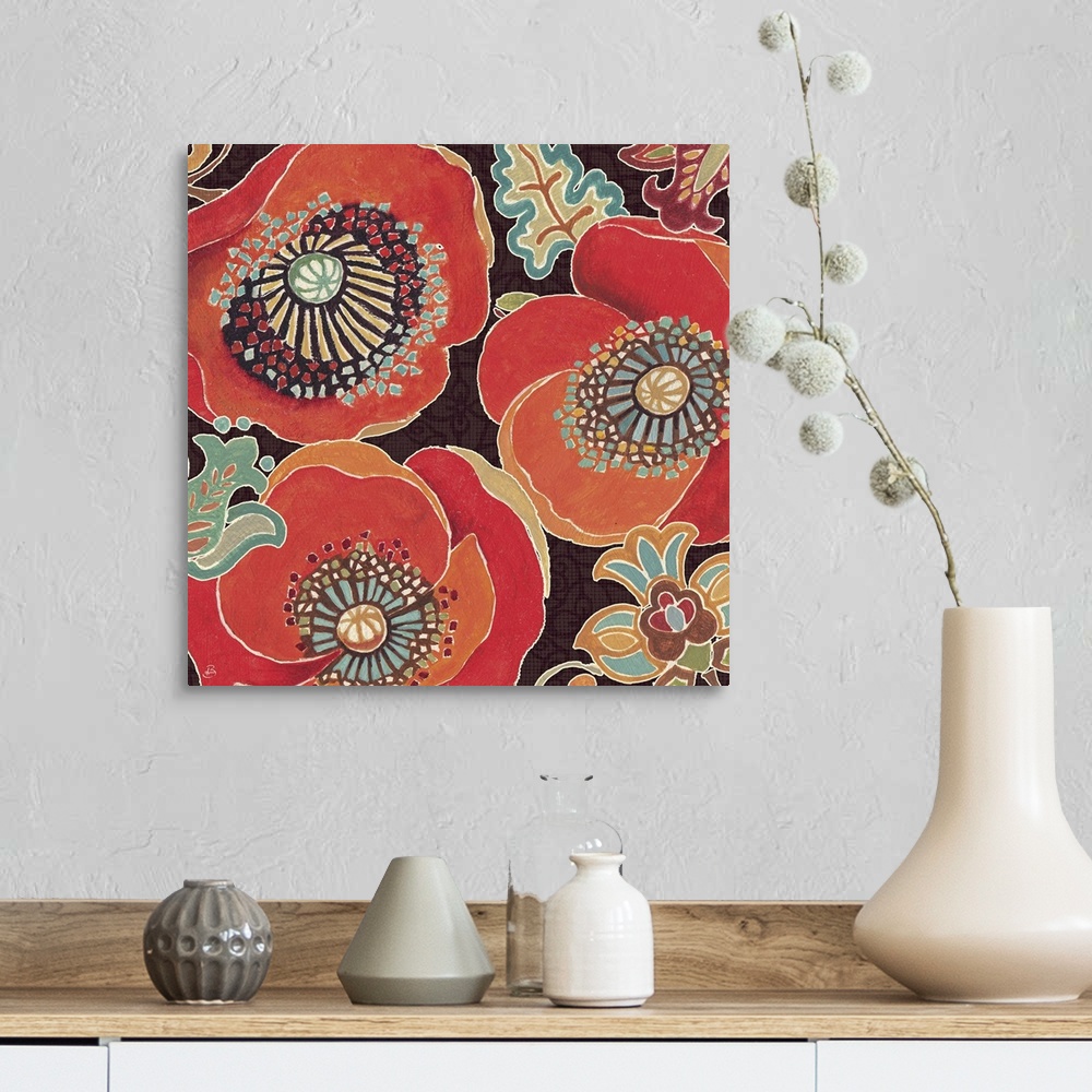 A farmhouse room featuring Large, square contemporary art of several big Poppy flowers in warm tones, surrounded by smaller ...
